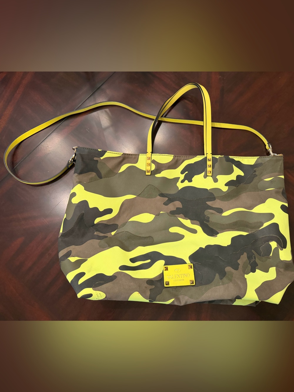 Valentino Garavani Neon Yellow & Olive Camo Tote